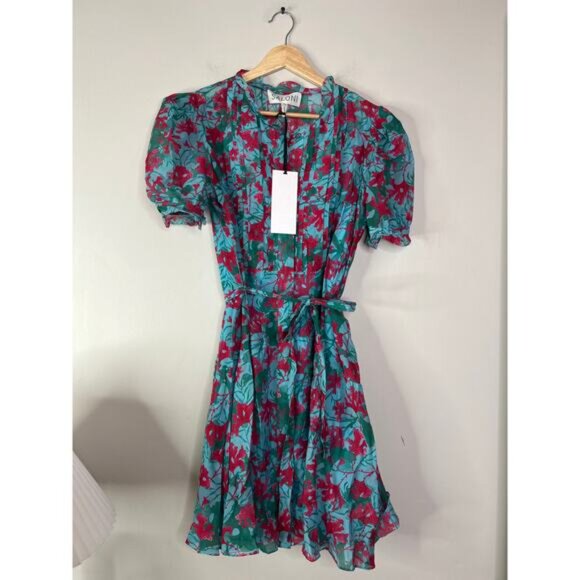 NWT Saloni Penny Floral-Print Shirt Ruffle Puff Sleeve Blue Mini Dress Size: 4 - Picture 2 of 7